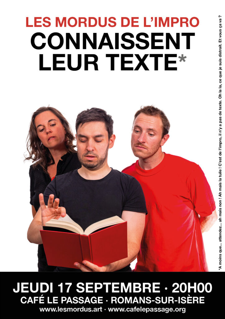 Affiche spectacle d'impro du 17 septembre 2026 - les mordus de l'impro connaissent leur texte - café le passage à romans sur isère